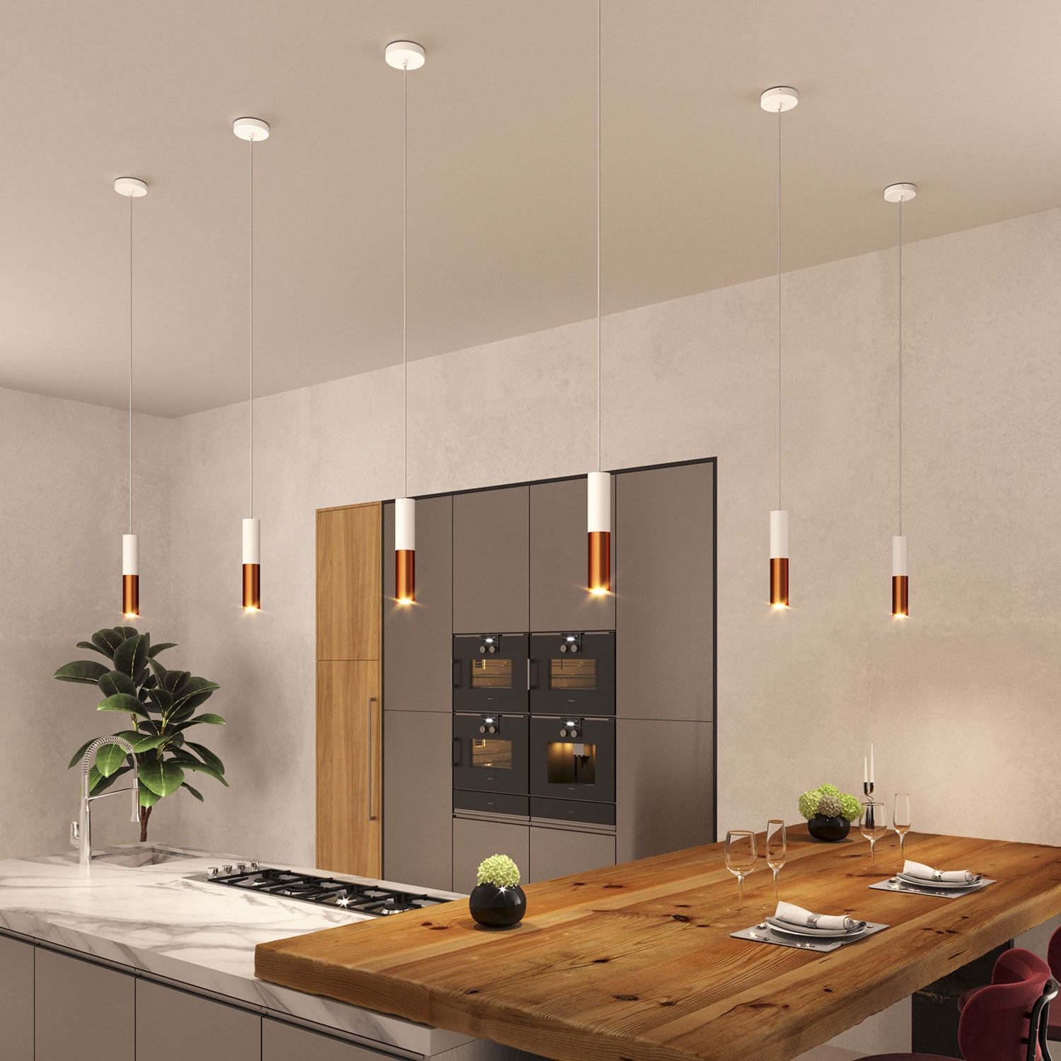 Tub-E12, spotlight double metal tube, with double E12 socket ring - Matt White and Brushed copper