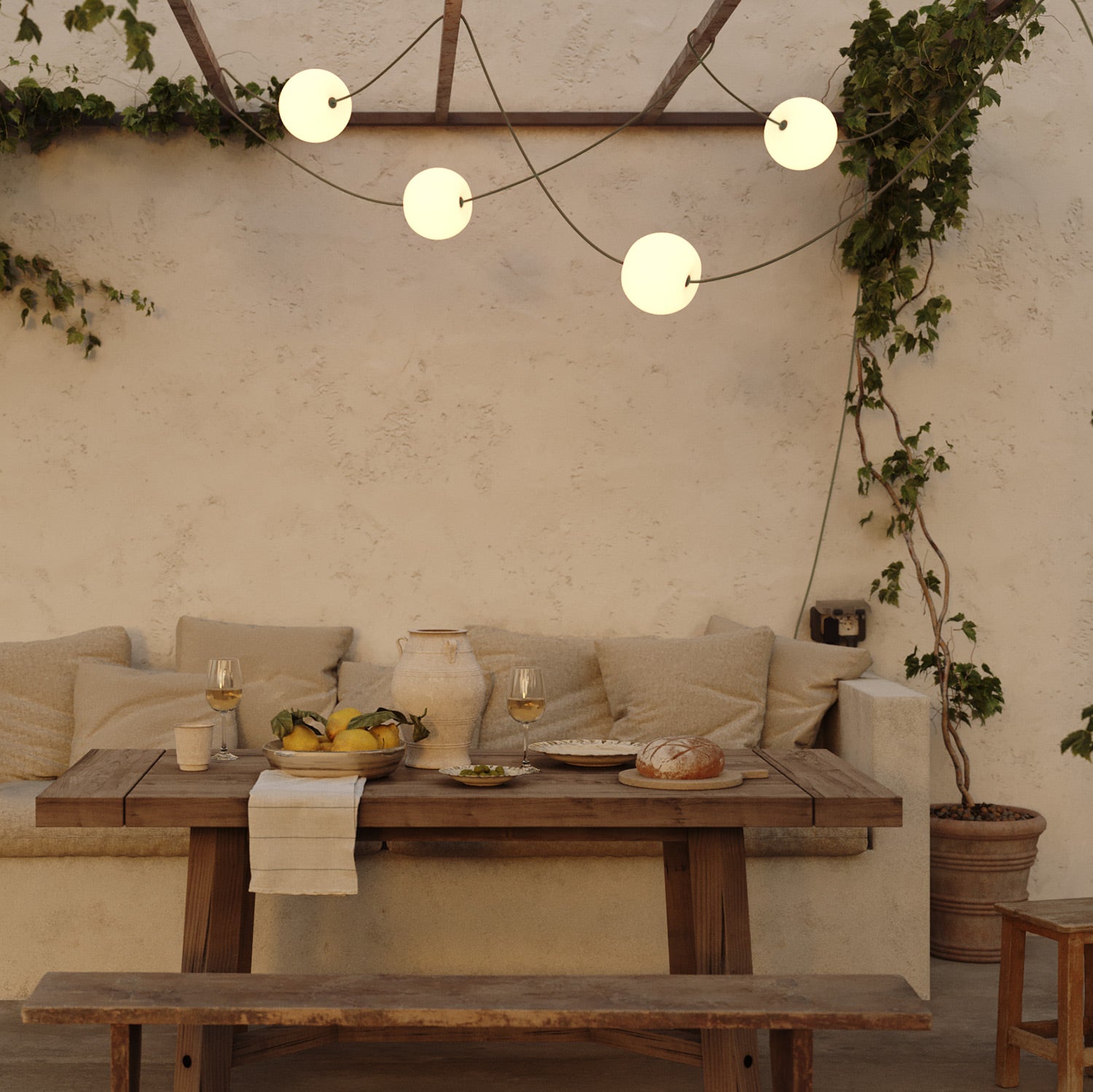 Outdoor 4-Light String Light for wet locations Olive Green, Power supply with US plug - Marina4 Cherry