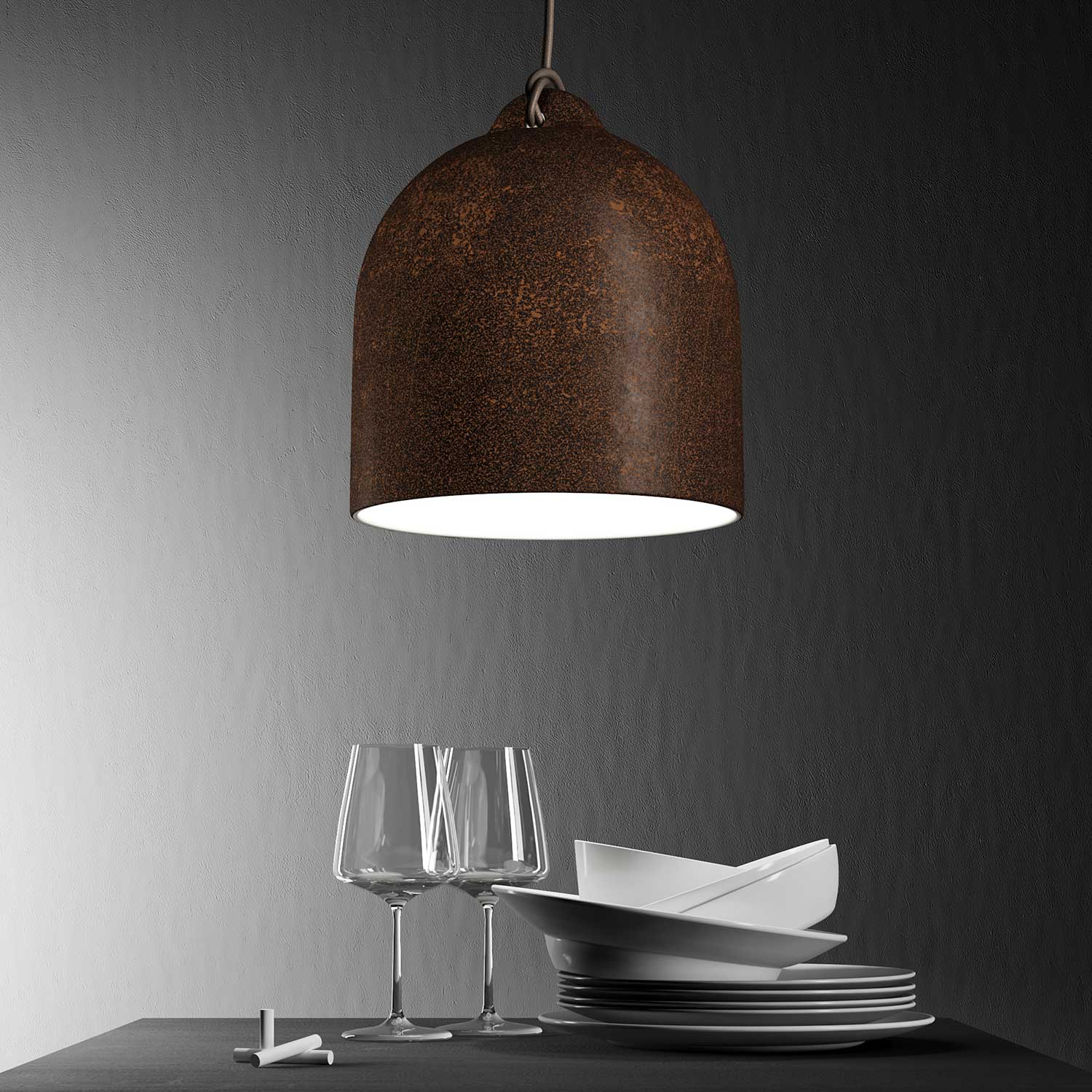 Pendant lamp with textile cable and lampshade Bell M in ceramic - Corten effect
