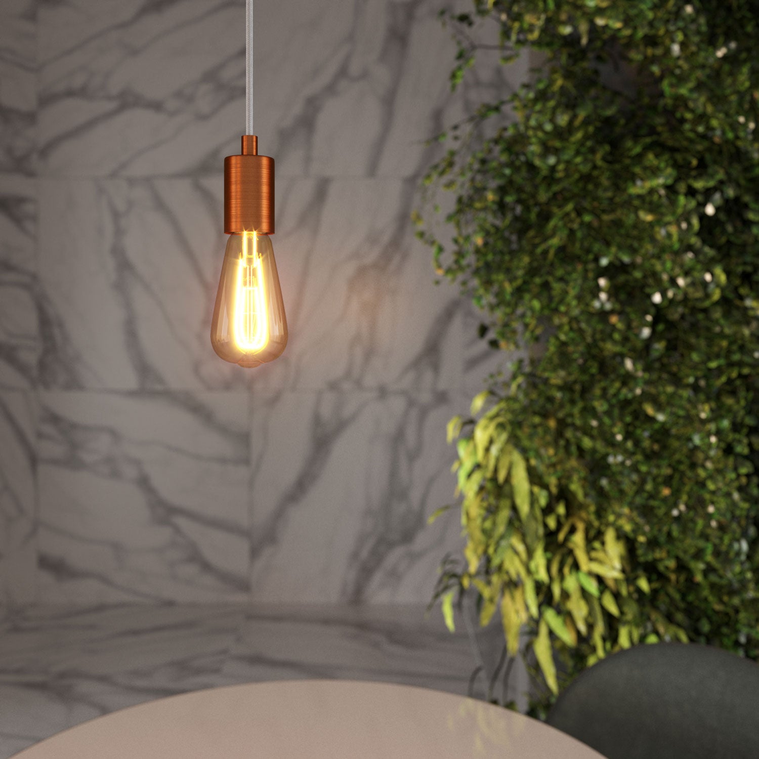 Pendant lamp with textile cable and satin metal details - Brushed copper