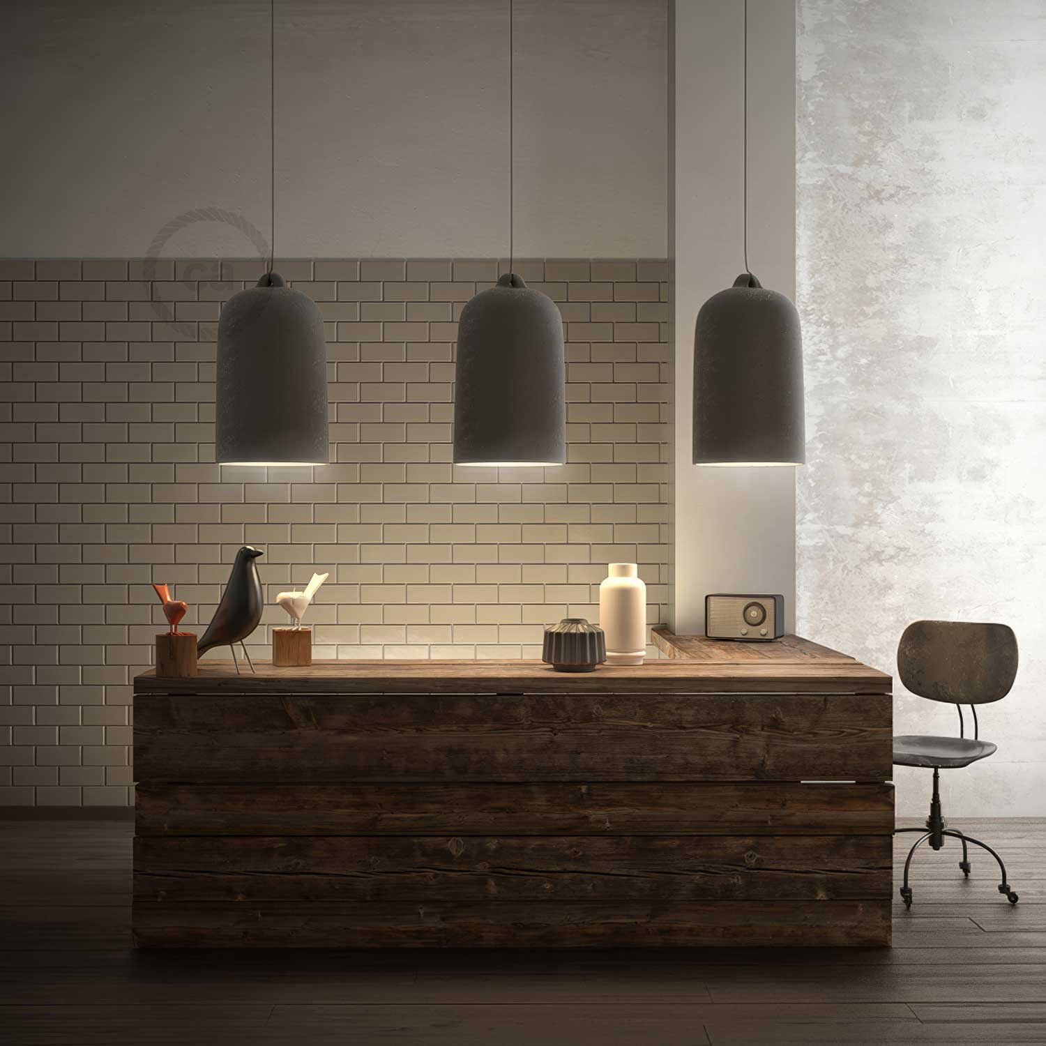 Pendant lamp with textile cable and Bell XL ceramic lampshade - Cement effect