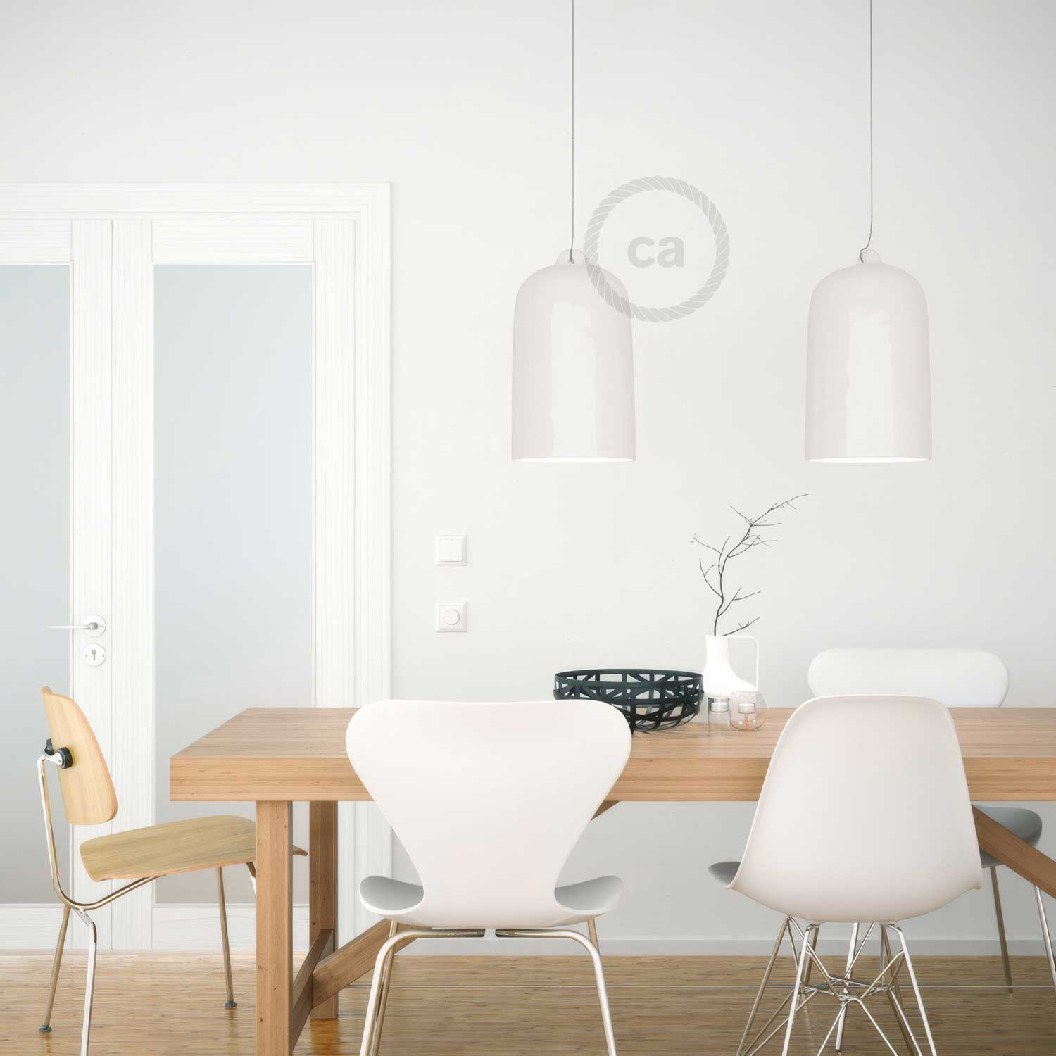 Pendant lamp with textile cable and Bell XL ceramic lampshade - Glossy white