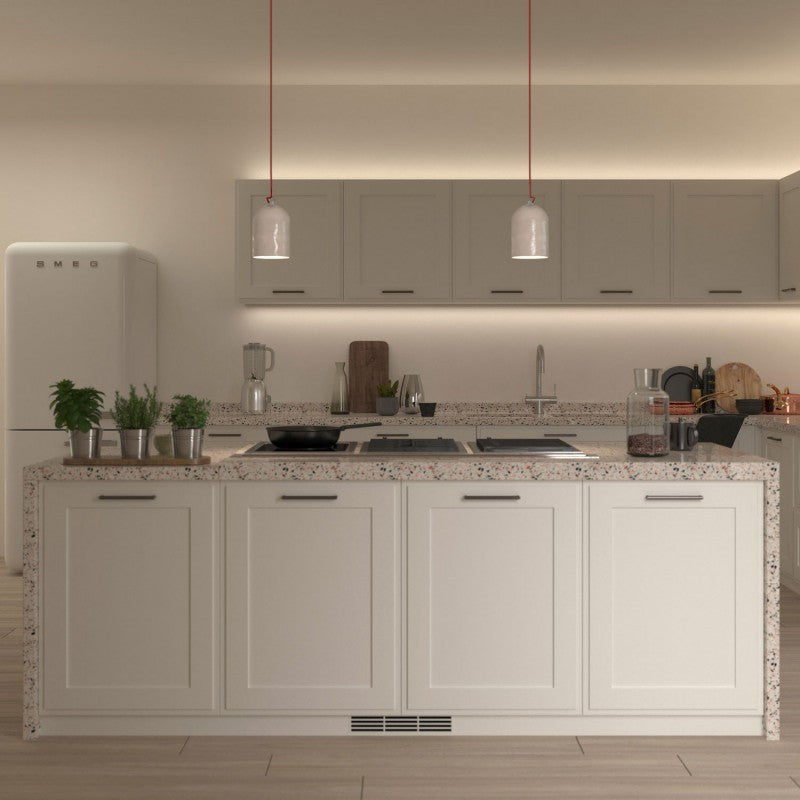 Pendant lamp with textile cable and lampshade Mini Bell XS ceramic shade - Glossy white