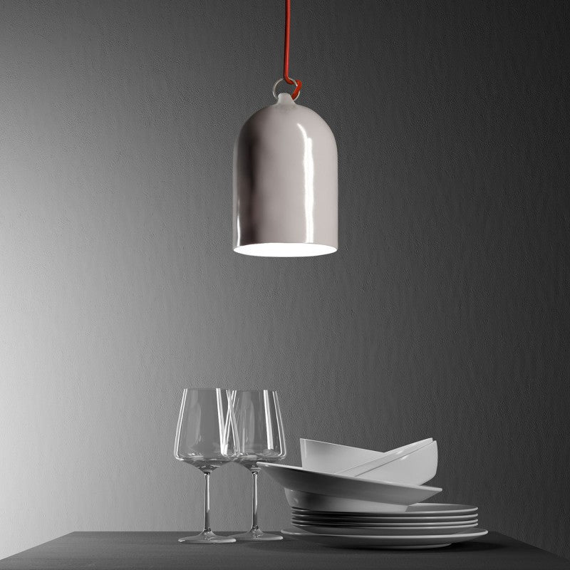 Pendant lamp with textile cable and lampshade Mini Bell XS ceramic shade - Glossy white