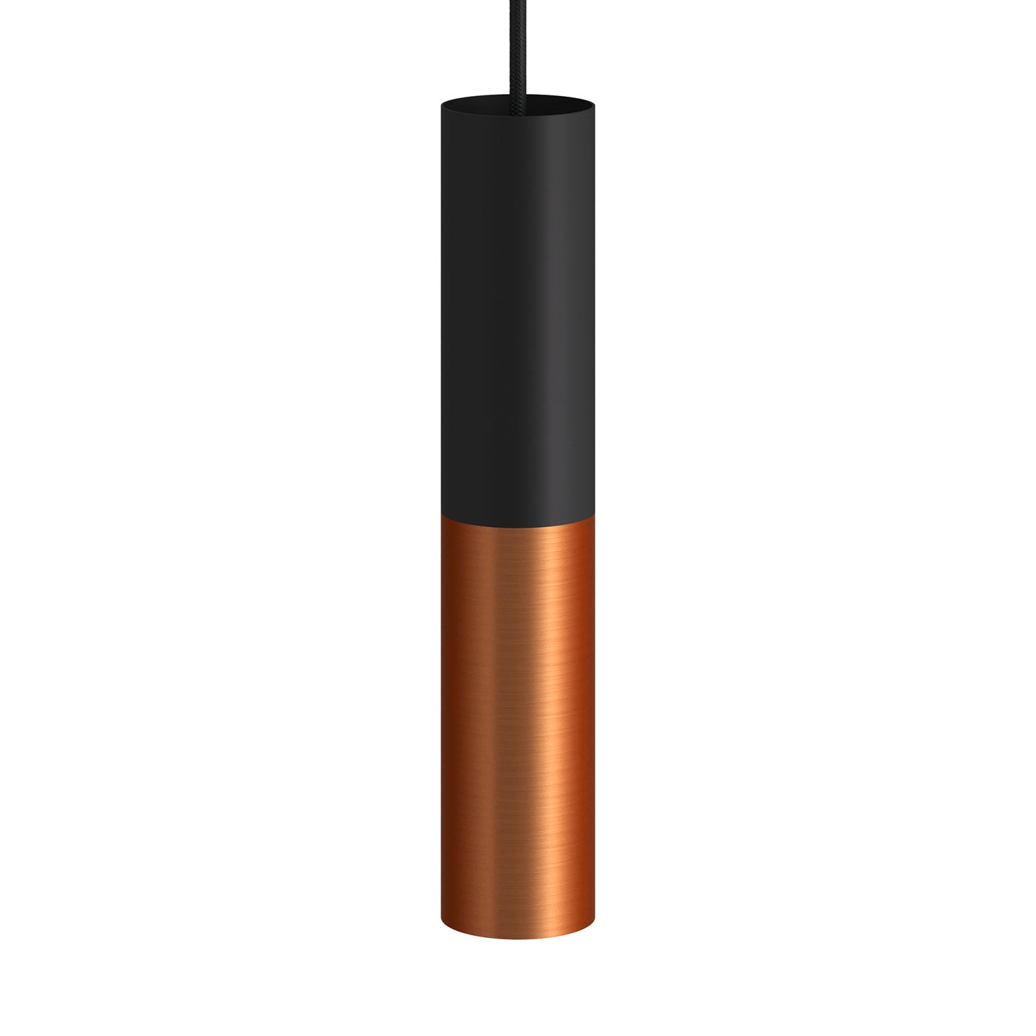 Pendant lamp complete with fabric cable and Tub-E12 double lampshade - Black and Brushed copper