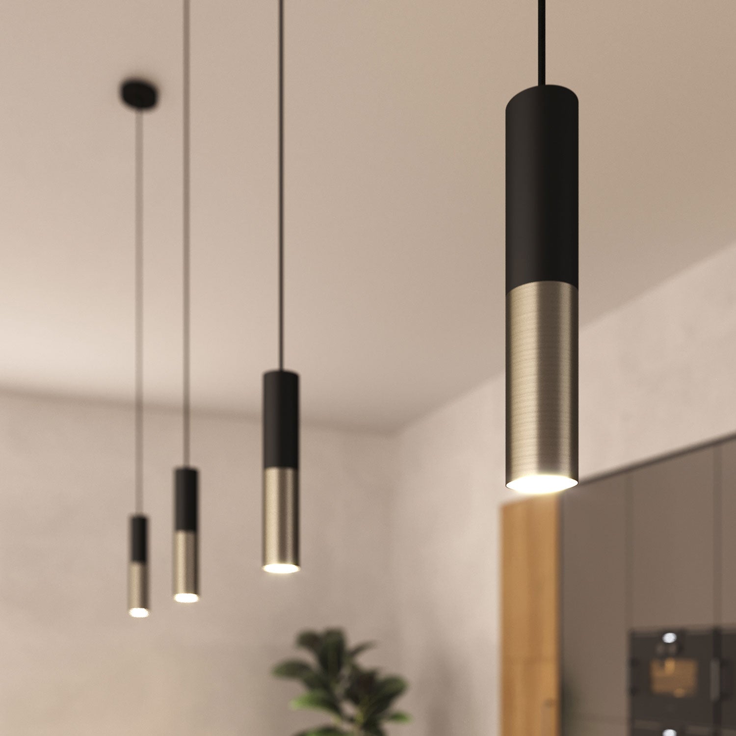 Pendant lamp complete with fabric cable and Tub-E12 double lampshade - Black and Brushed titanium