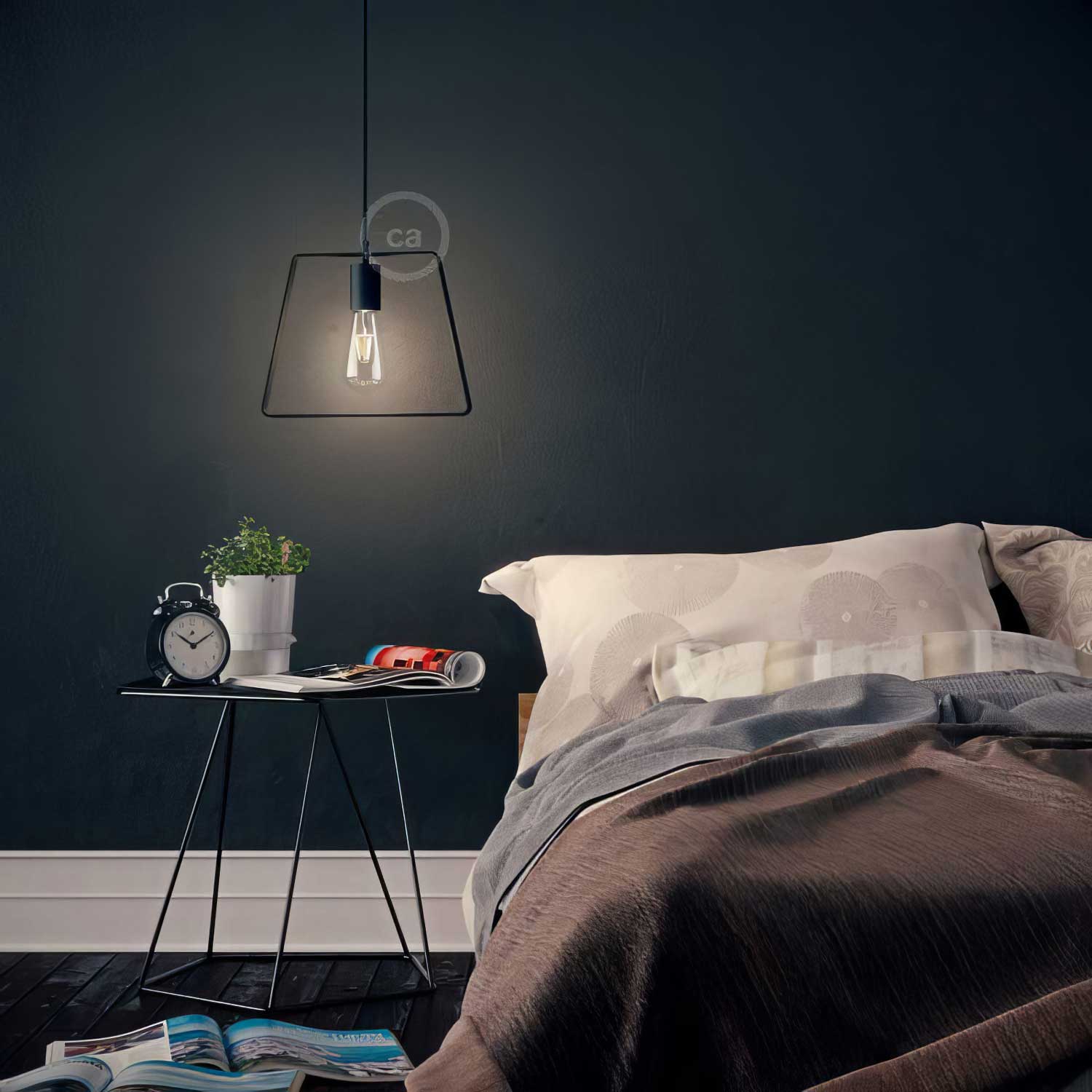 Pendant lamp with textile cable, Duedì Base lampshade and metal details - Black