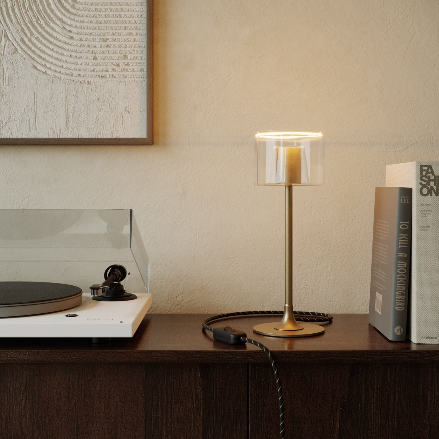 MAG-Y table lamp with round metal base and clear Ghost G03 bulb - Brushed bronze