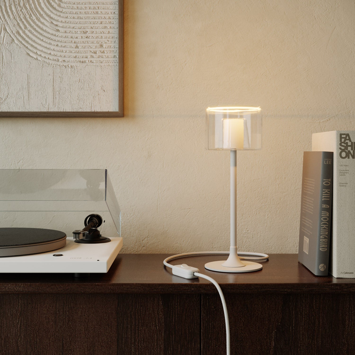 MAG-Y table lamp with round metal base and clear Ghost G03 bulb - Matt white