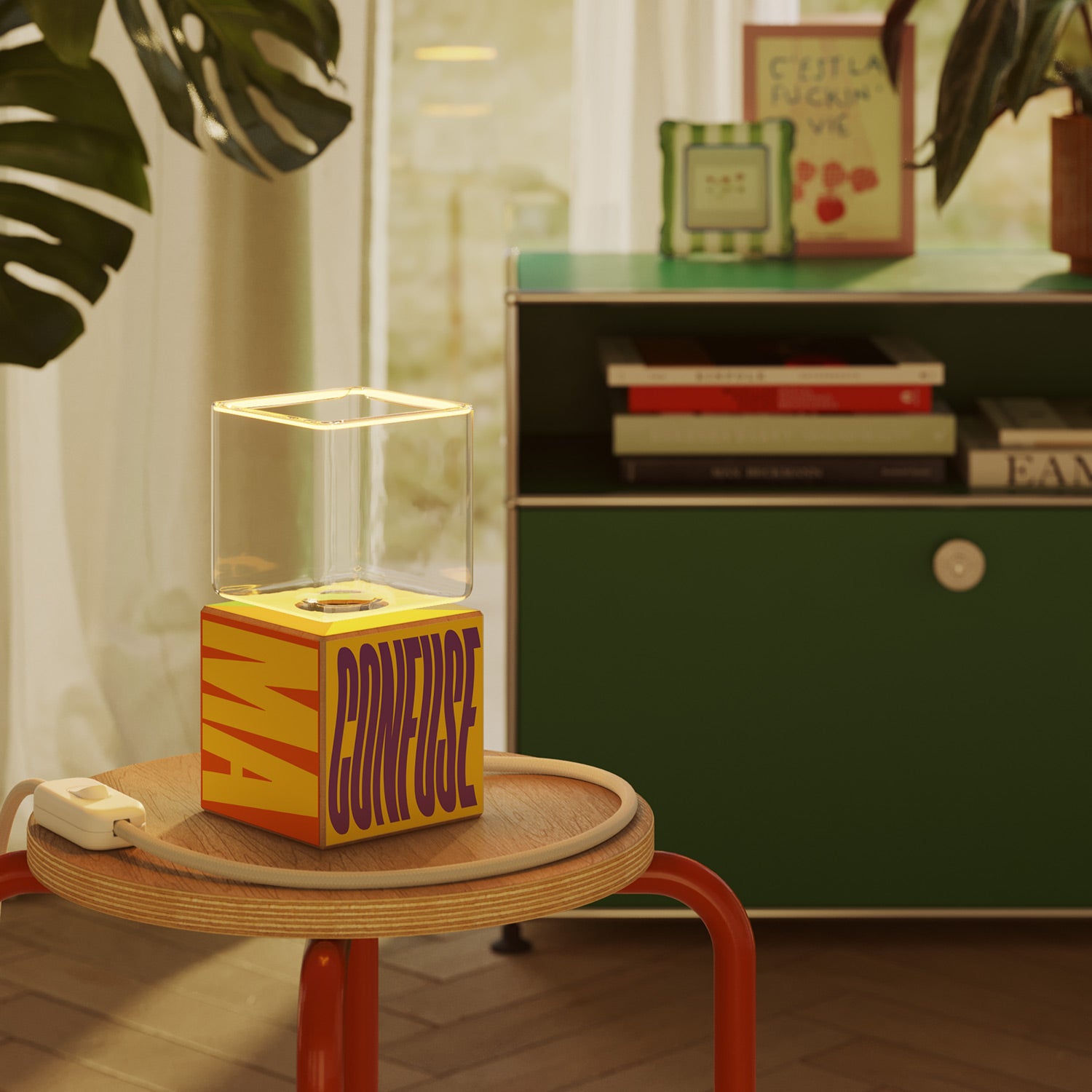 Cubetto table lamp with US plug, "Poche idee ma confuse" Ghost bulb - Santomanifesto