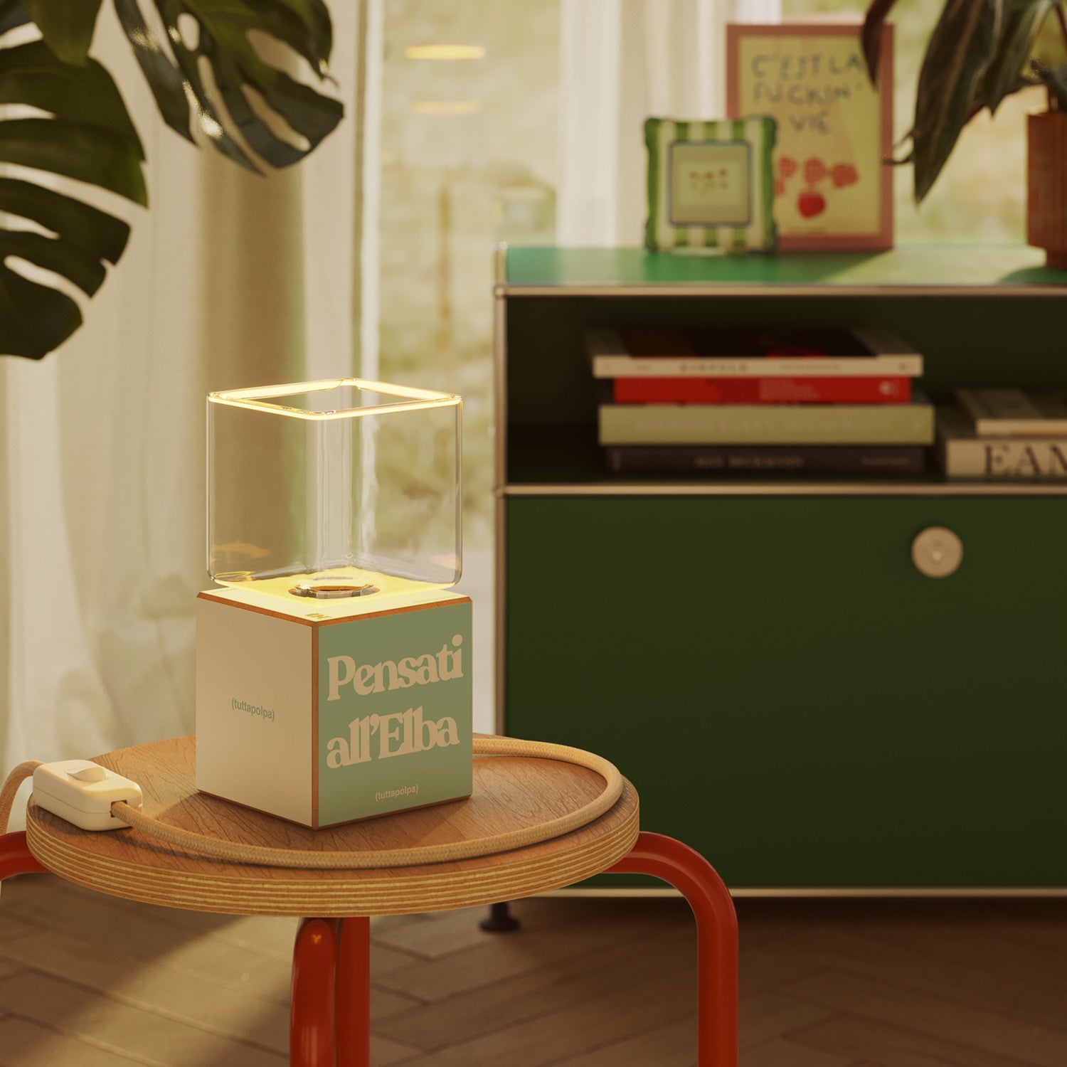 Cubetto table lamp with US plug, "Pensati all’Elba" Ghost bulb - Tuttapolpa