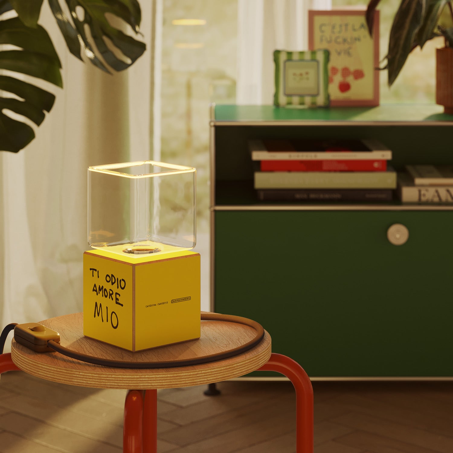 Cubetto table lamp with US plug, "Ti odio amore mio" Ghost bulb - Santomanifesto