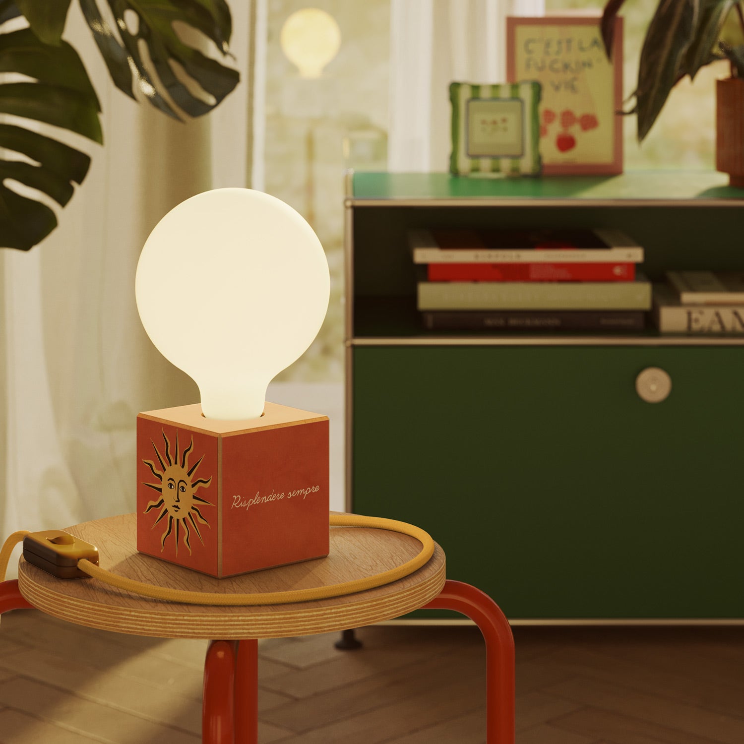 Cubetto table lamp with US plug, "Il sole" porcelain effect globe bulb - Santomanifesto