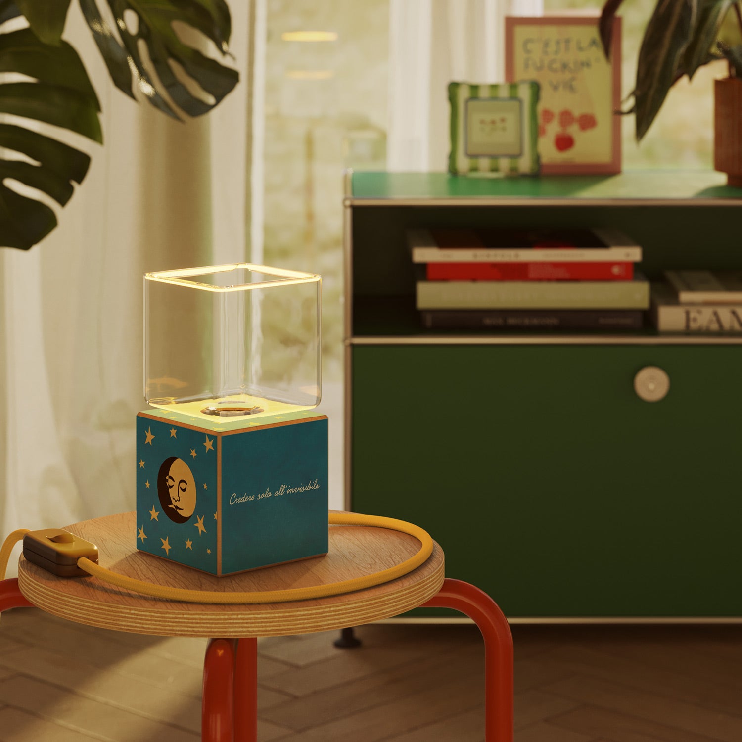 Cubetto table lamp with US plug, "La luna" Ghost bulb - Santomanifesto
