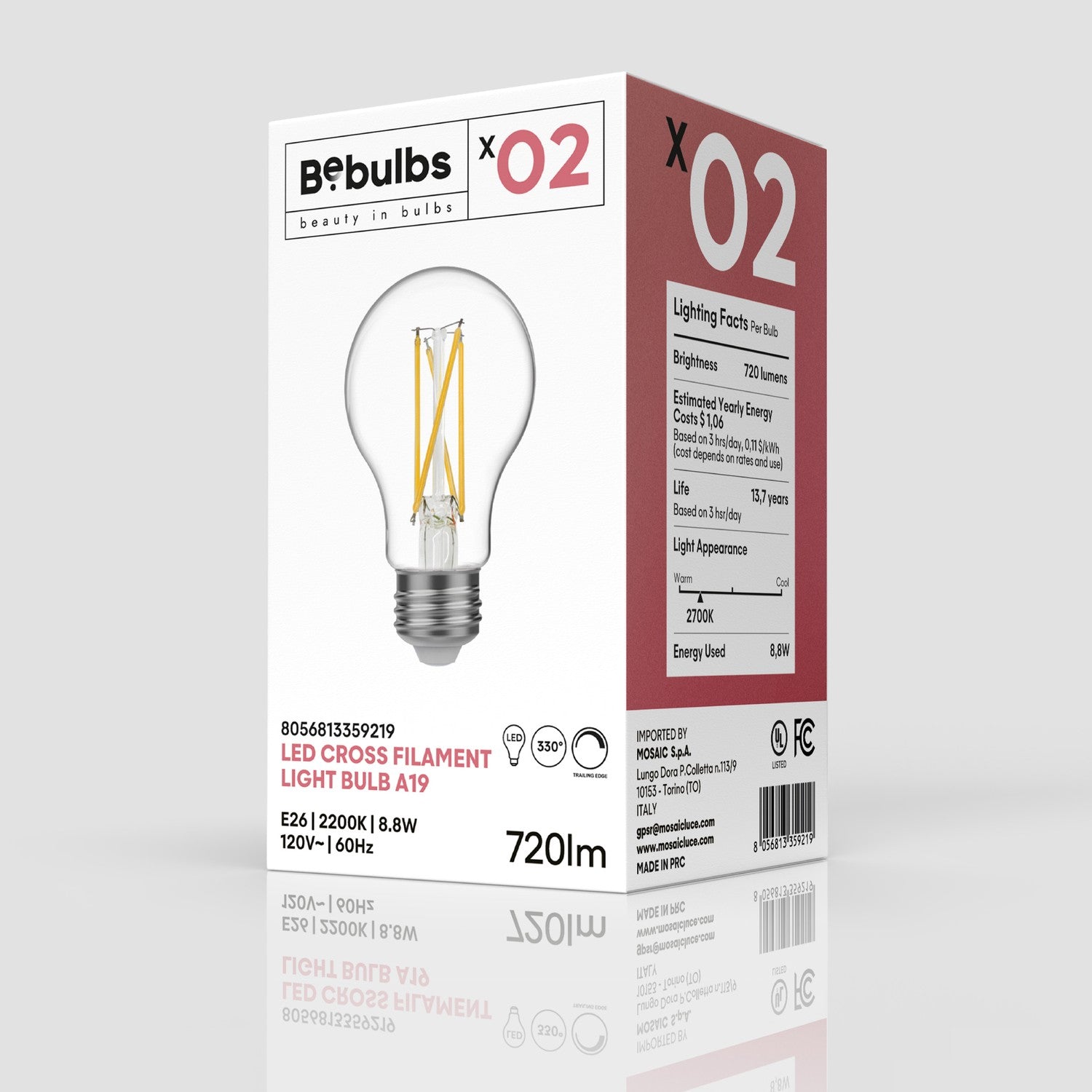 LED Light Bulb Cross Filament A19 8.8W 720Lm E26 120V 2200K Dimmable - X02