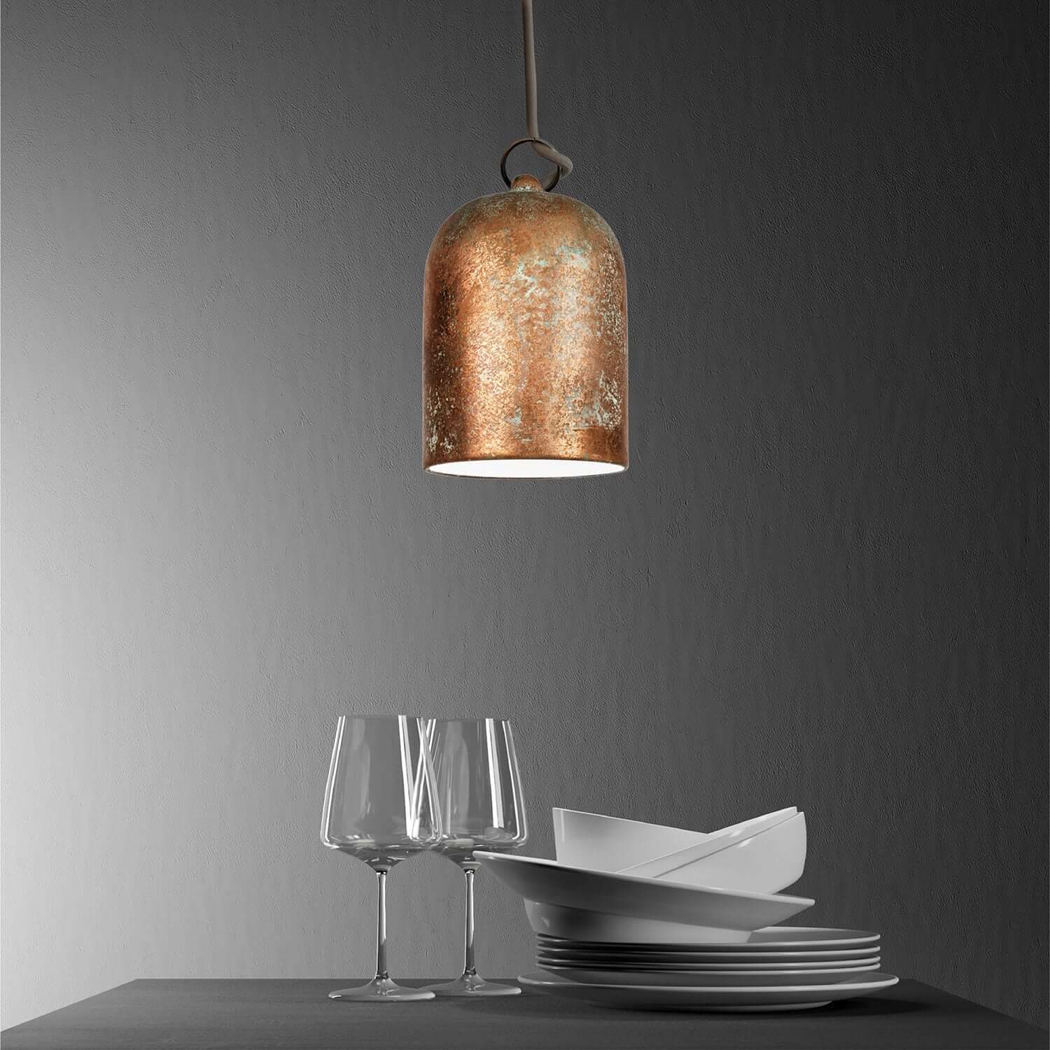 Campana Mini, paralume XS in ceramica per sospensione - Made in Italy - Effetto verde rame