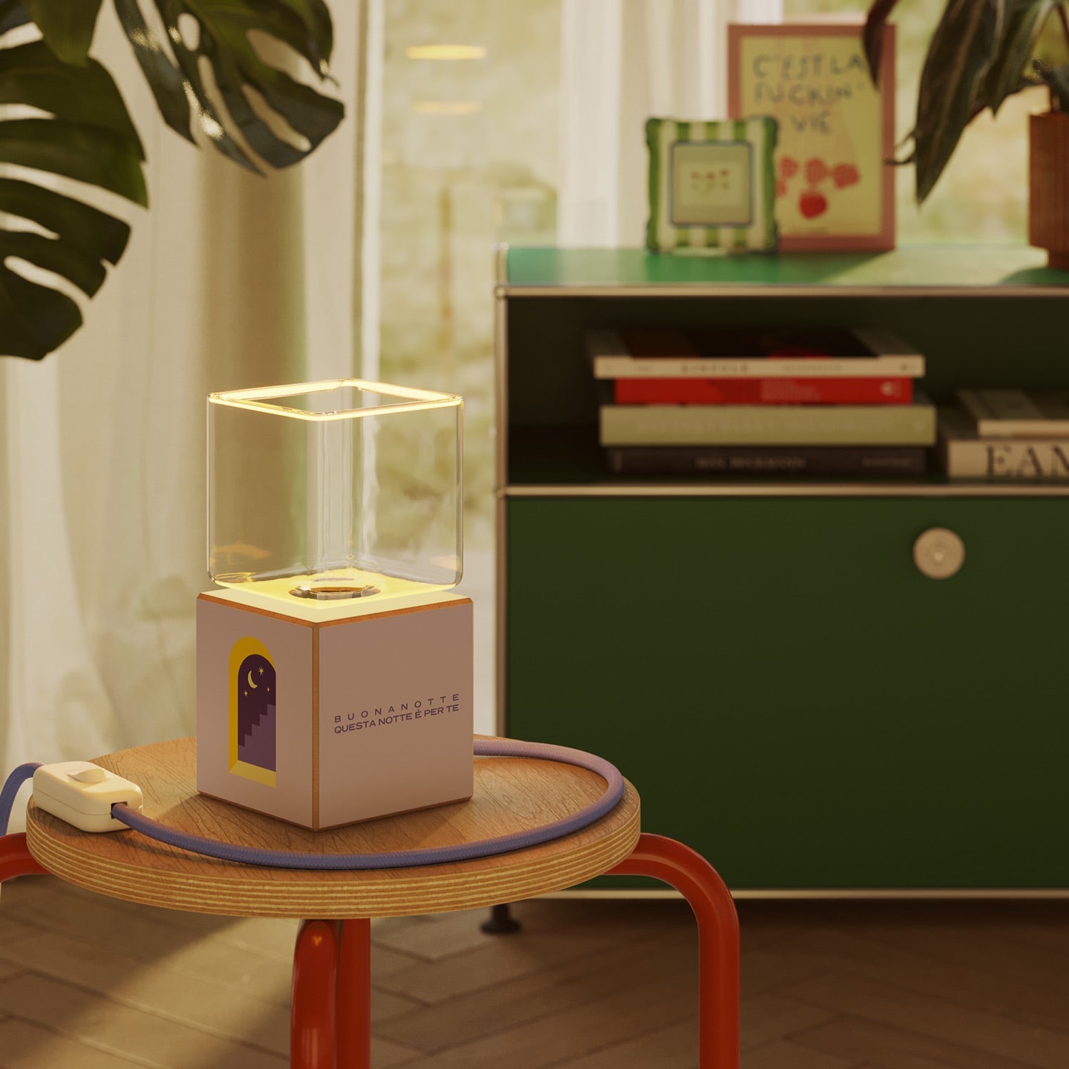 Cubetto table lamp with US plug, "Buonanotte fiorellino" Ghost bulb - Santomanifesto