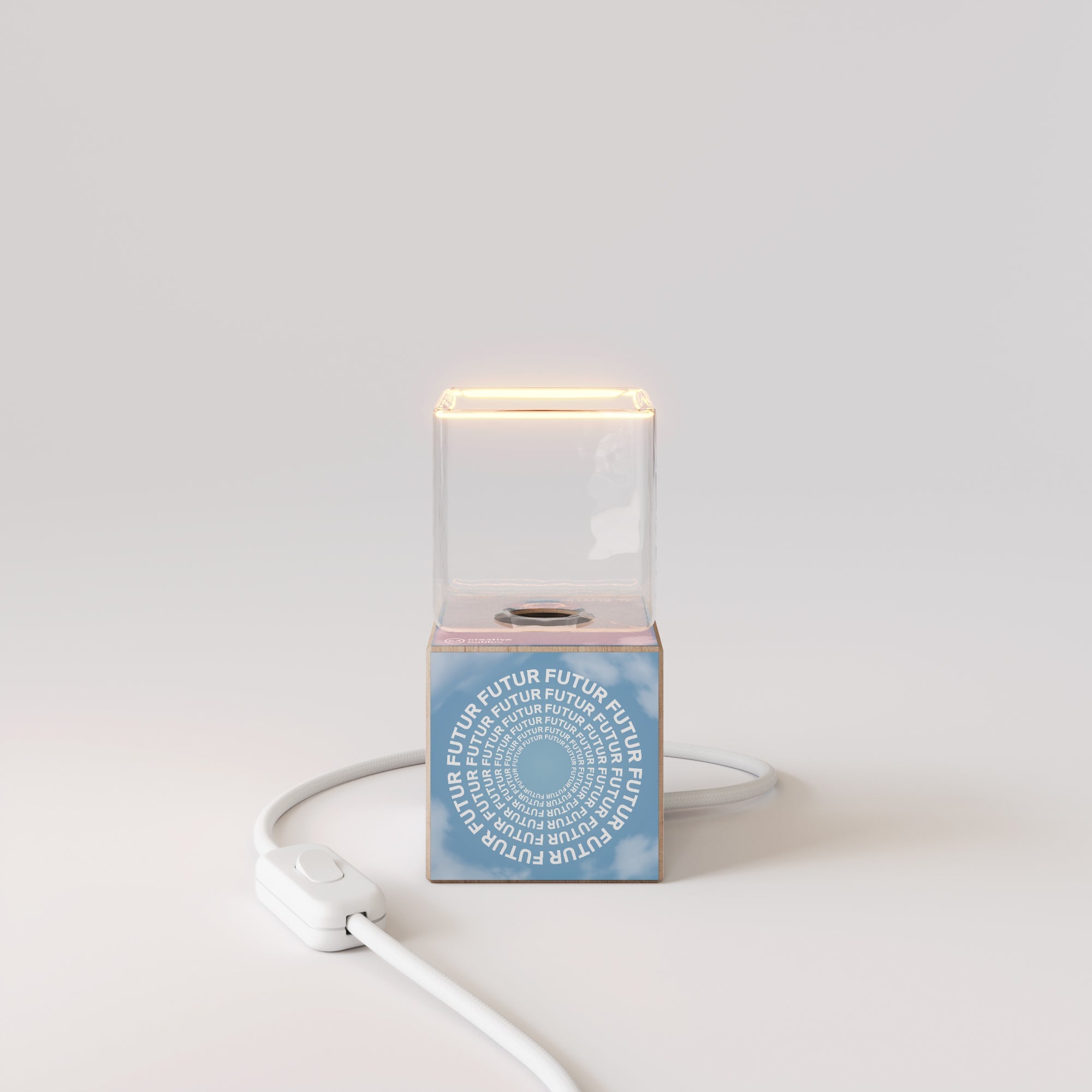 Cubetto table lamp with US plug, "Futur" Ghost bulb - Futur Festival