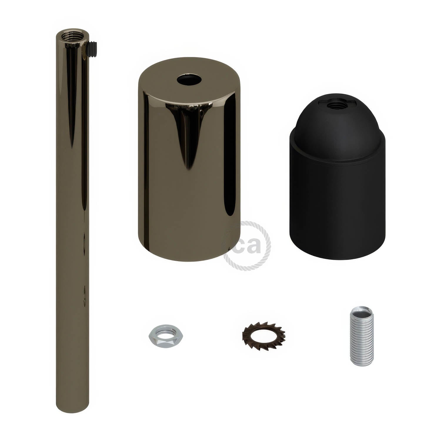 Cylindrical metal UL E26 light bulb socket kit with 15 cm cable clamp - Black pearl