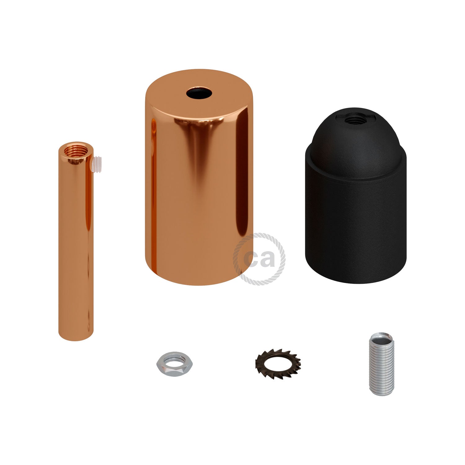 Cylindrical metal UL E26 light bulb socket kit with 7 cm cable clamp - Copper