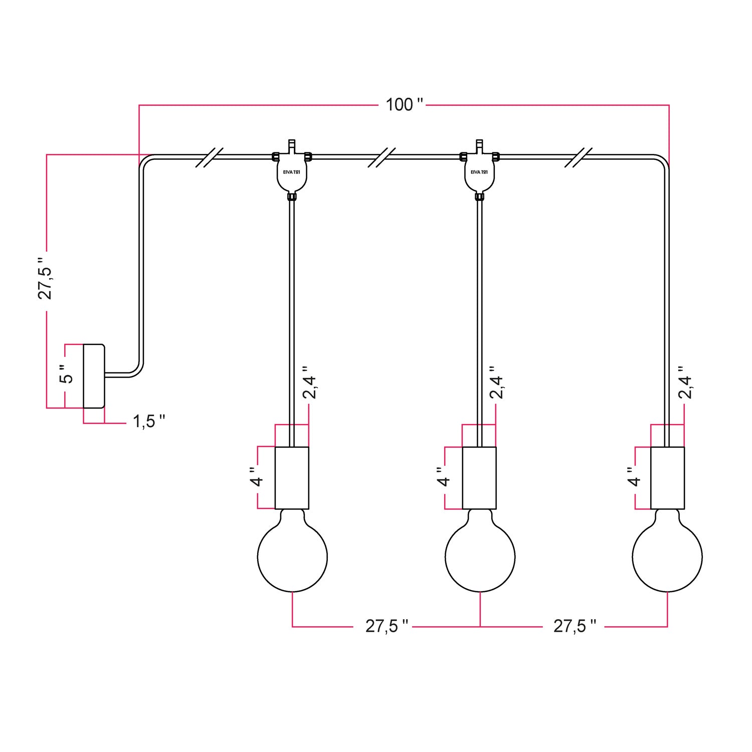 E-Snake EIVA Outdoor lamp for wet locations with 3 lights with canopy - Glacier grey