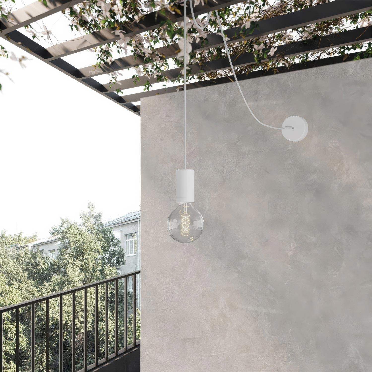 EIVA ELEGANT Outdoor pendant lamp with textile cable, decentralizer, canopy and socket for wet locations - White