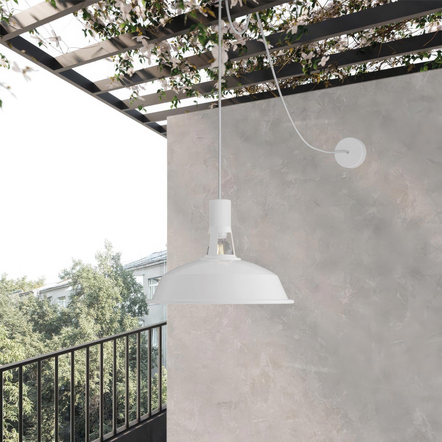 EIVA Outdoor pendant lamp with lampshade, textile cable, decentralizer, canopy and socket for wet locations - White
