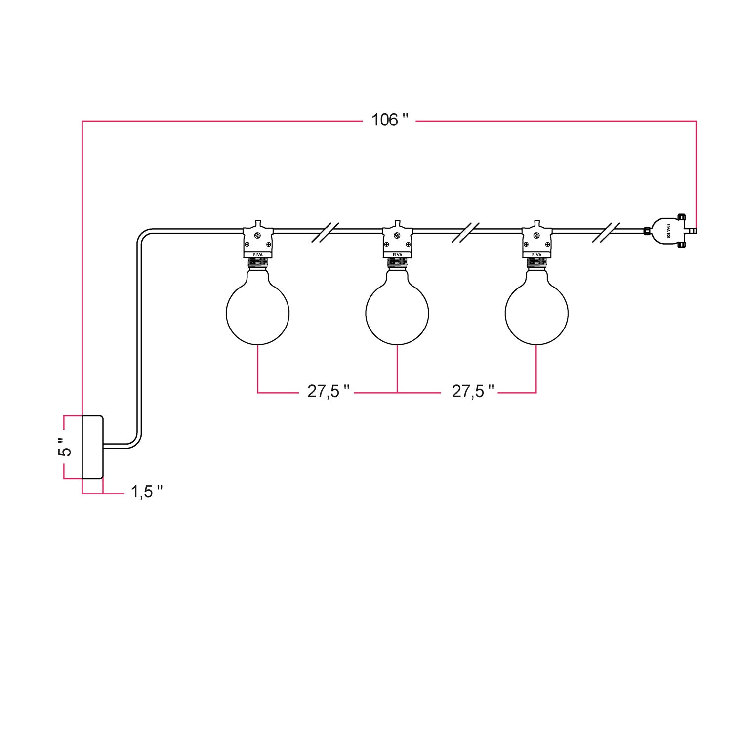 EIVA outdoor string light for wet locations with 3 lights and canopy - Black