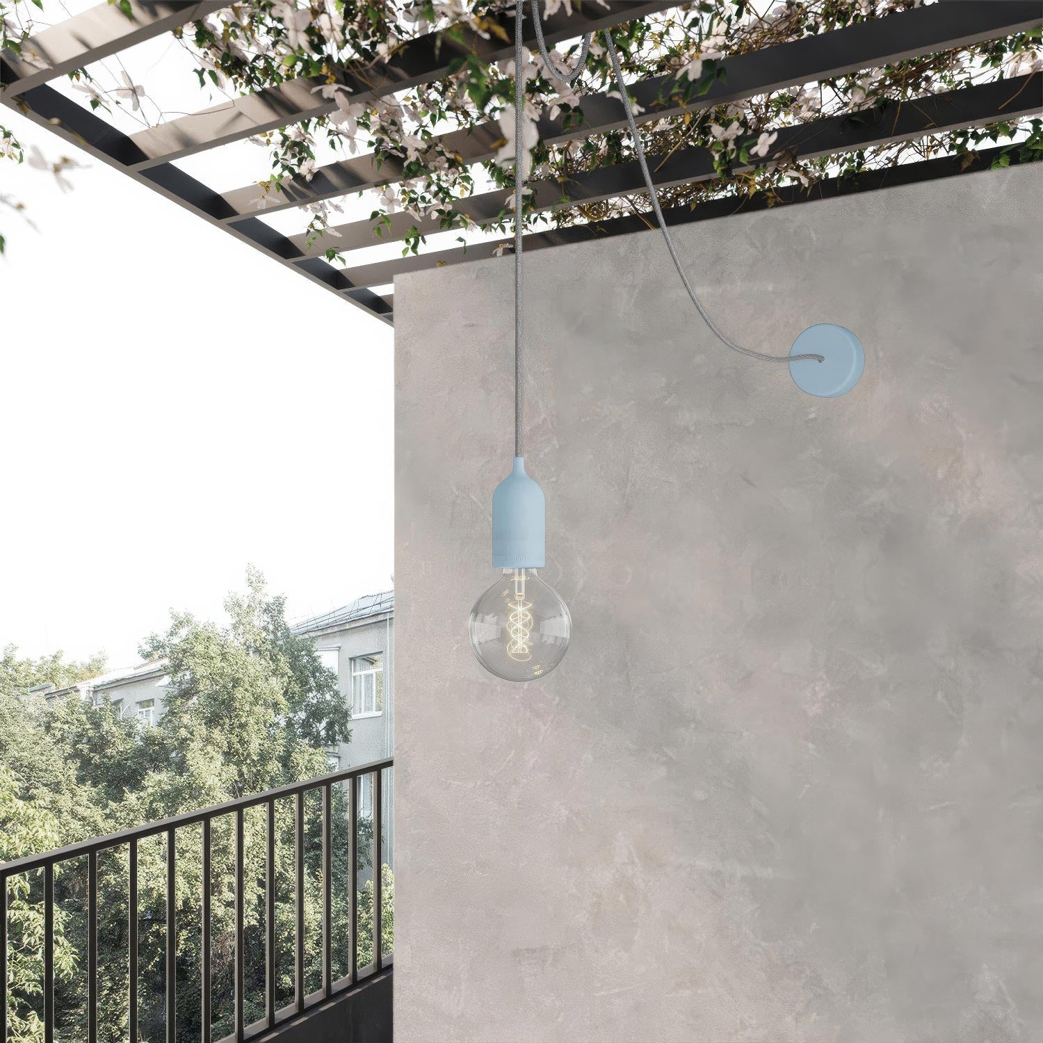 EIVA PASTEL Outdoor pendant lamp with textile cable, decentralizer, canopy and socket for wet locations - Soft blue