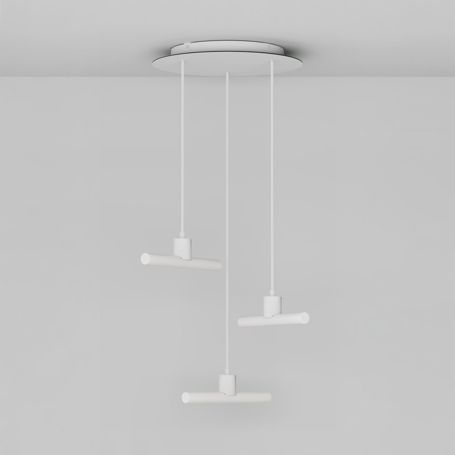 Esse14 3-Drop Asymmetrical Pendant Light with Rose-One, complete with fabric cord and metal finishes - White