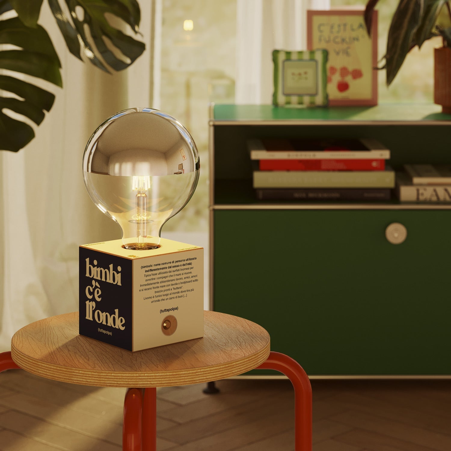 Lampada a batteria Cabless03 "Bimbi c’è l’onde" con lampadina globo mezza sfera argento - Tuttapolpa