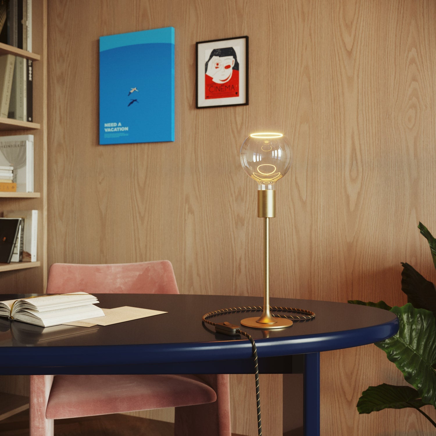 MAG - Y table lamp with round metal base and clear Ghost G05 bulb - Brushed bronze - Creative Cables