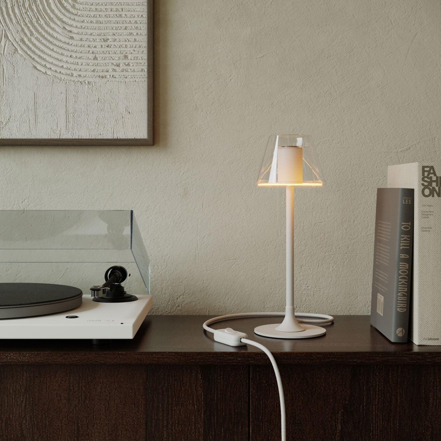 MAG-Y table lamp with round metal base and transparent Ghost Mini Cone bulb - Matt white