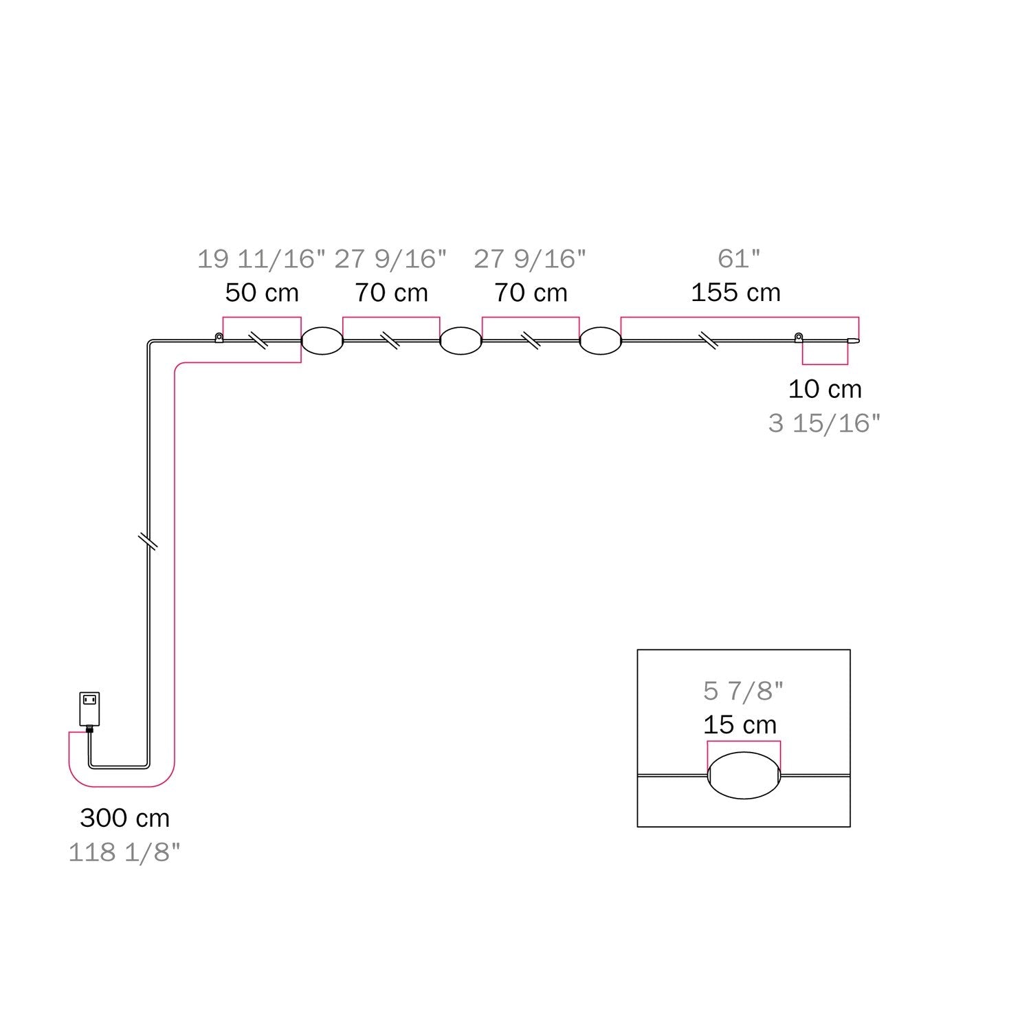 Outdoor 3-Light String Light for wet locations Gray, Power supply with US plug - Marina3