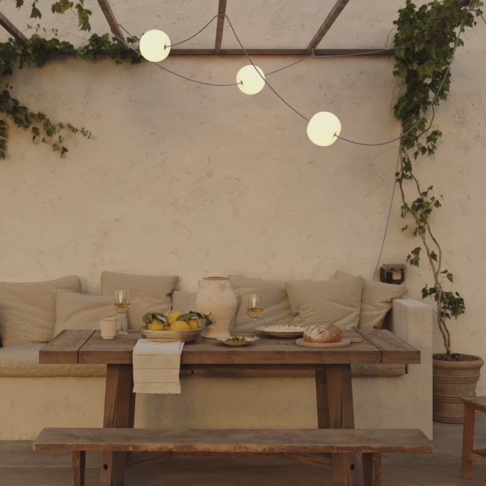 Load video: Outdoor 3-Light String Light for wet locations Gray, Power supply with US plug - Marina3 Cherry