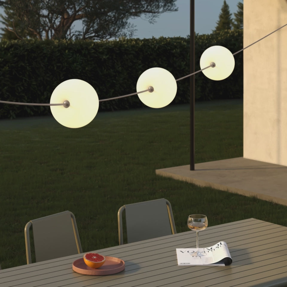 Load video: Outdoor 3-Light String Light for wet locations Olive Green, power supply with US plug - Marina3 Cherry