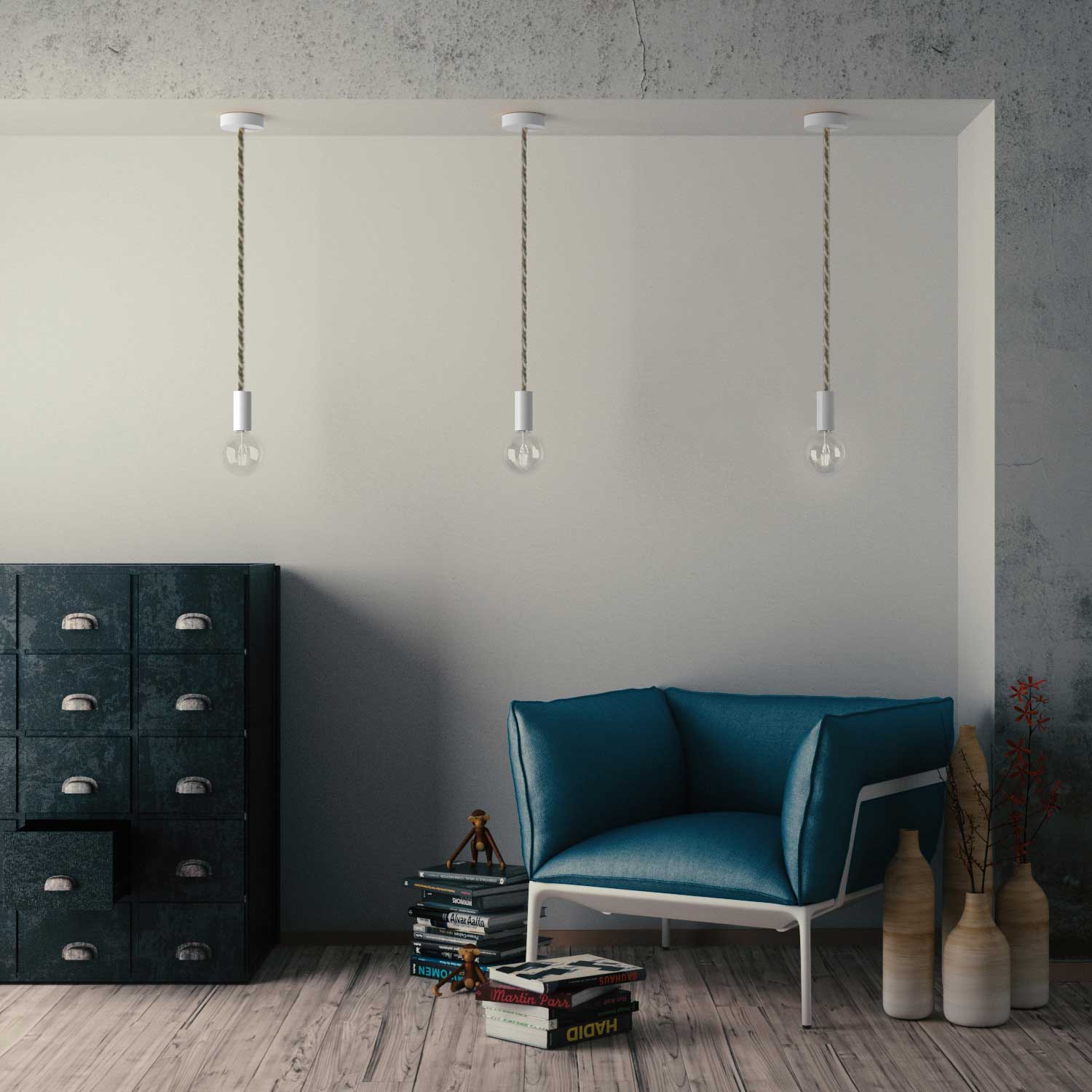 Rope electrical wire 18/3 AWG wire inside. Natural Linen and Raw Cotton Fabric