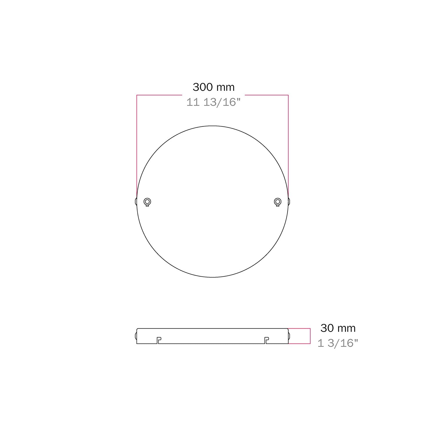 Rosone rotondo in alluminio Ø 30 cm con staffa e cavo di messa a terra, con 2 fori frontali - Bianco Opaco 2