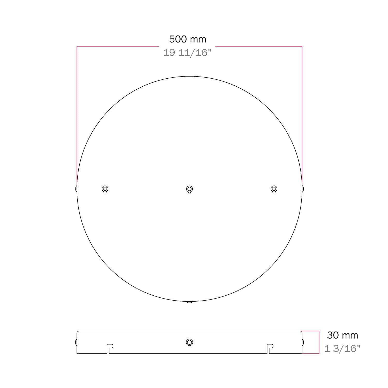Rosone rotondo in alluminio Ø 50 cm con staffa e cavo di messa a terra, con 3 fori in linea frontali - Nero 3