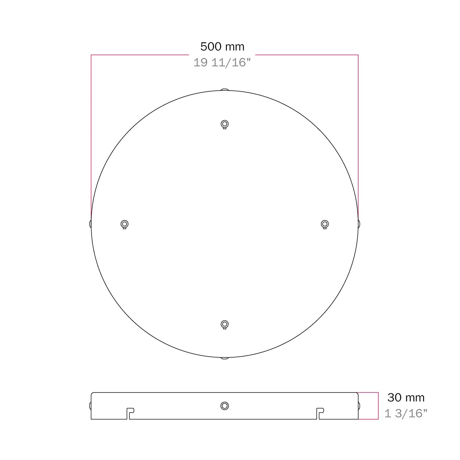 Rosone rotondo in alluminio Ø 50 cm con staffa e cavo di messa a terra, con 4 fori frontali - Bianco Opaco 4